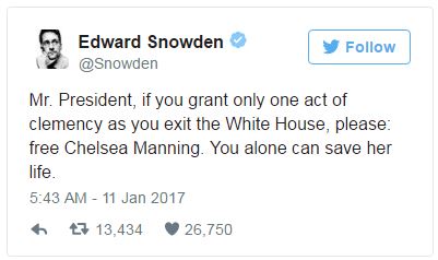 Mr. President, if you grant only one act of clemency as you exit the white house, please free Chelsea Manning. You alone can save her life.